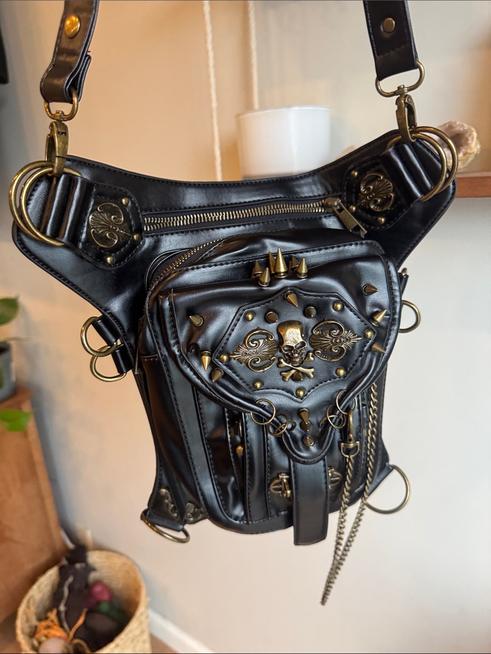 Black Studded Waist/Hip or crossbody Bag with Gold skull Accents